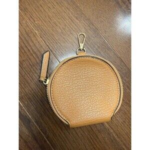 Brown Round Coin Purse Keychain Pouch Gold Tone Zip Faux Leather